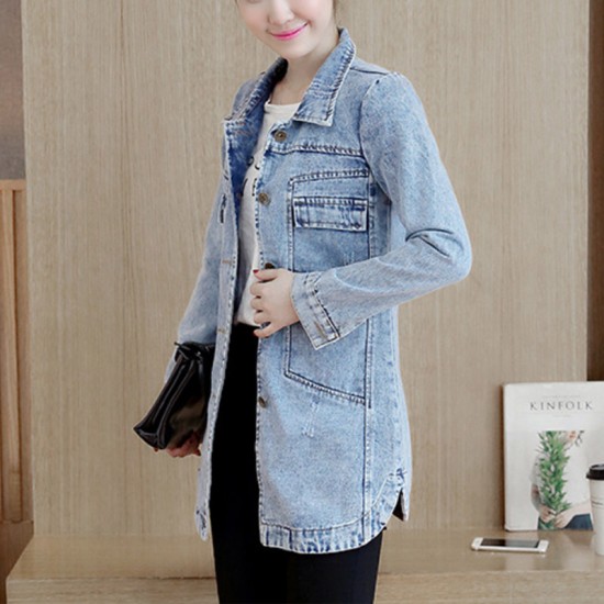 Slim Mid Length Long Sleeved Denim Jacket Top - Light Blue
