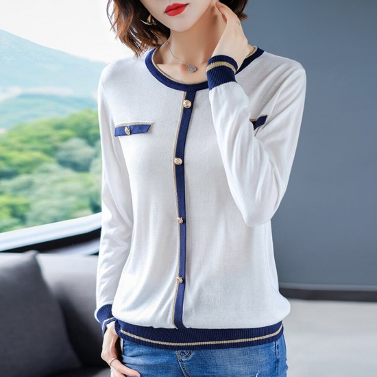 Round Neck Sleeve Knit Pullover Women Top - White