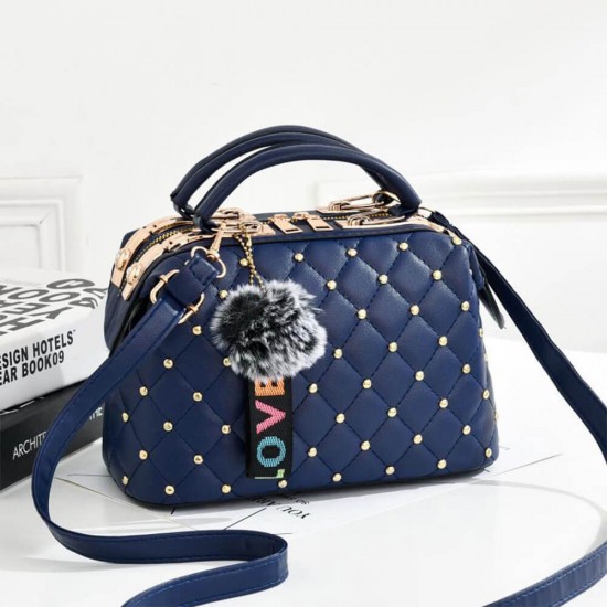 Rivets Decorated Hanging Hair Ball Square Shoulder Bag -Blue