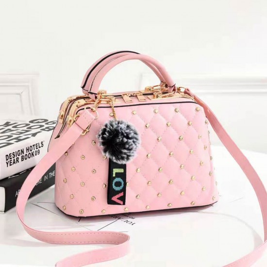 Rivets Decorated Hanging Hair Ball Square Shoulder Bag -Pink