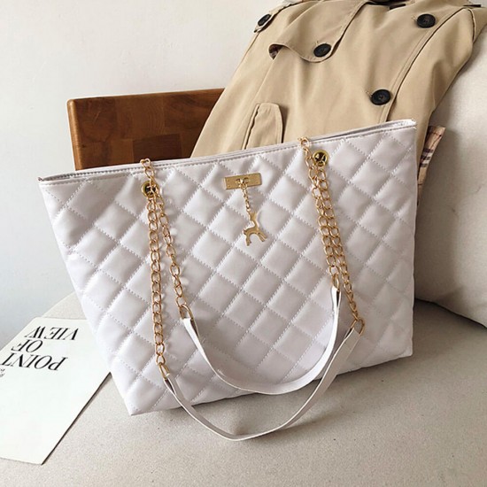 Rhombic Chain Straps Patchwork Women Hand Bag - White