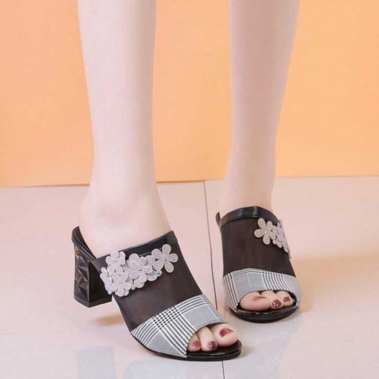 High Heel Embroidered Slide Sandals - Black