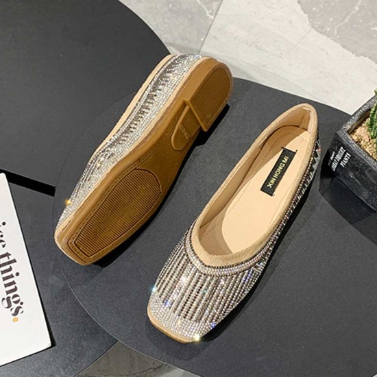 Low Heeled Suede Rhinestone Women Flats Shoes - Biege