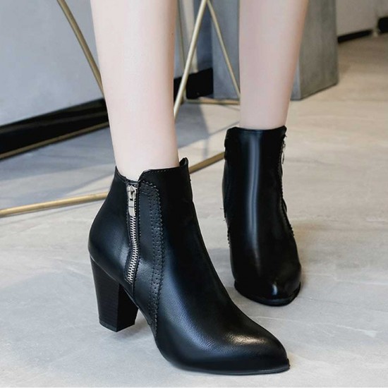High Heeled Pointed Leather Ankle Boots - Black
