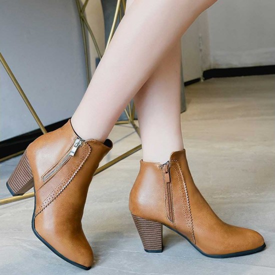 High Heeled Pointed Leather Ankle Boots - Brown