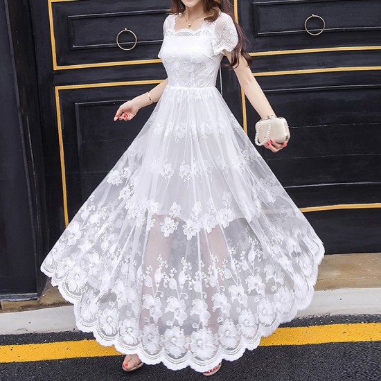 Ruffle Embroidered Lace Fairy Maxi Dress - White