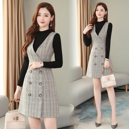 Vintage Plaid Strap Retro Sleeveless Slim Dress - Grey