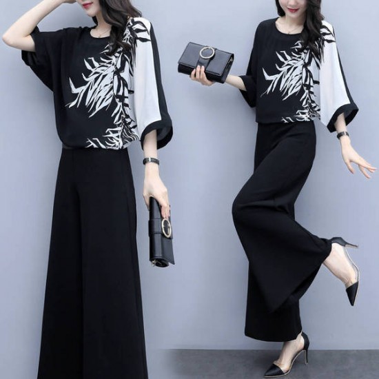 Printed Cover Belly Two-piece Wide Leg Suit - Black