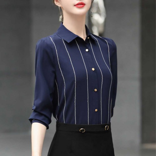 Elegant Vertical Linen Women Chiffon Shirt - Blue Elegant Vertical Linen Women Chiffon Shirt - Blue |image