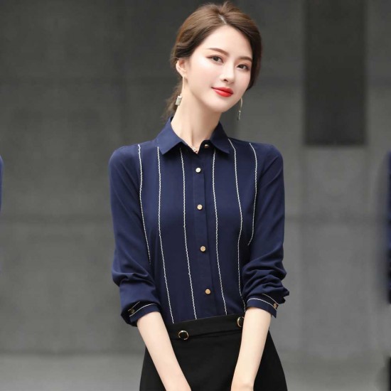 Elegant Vertical Linen Women Chiffon Shirt - Blue Elegant Vertical Linen Women Chiffon Shirt - Blue |image
