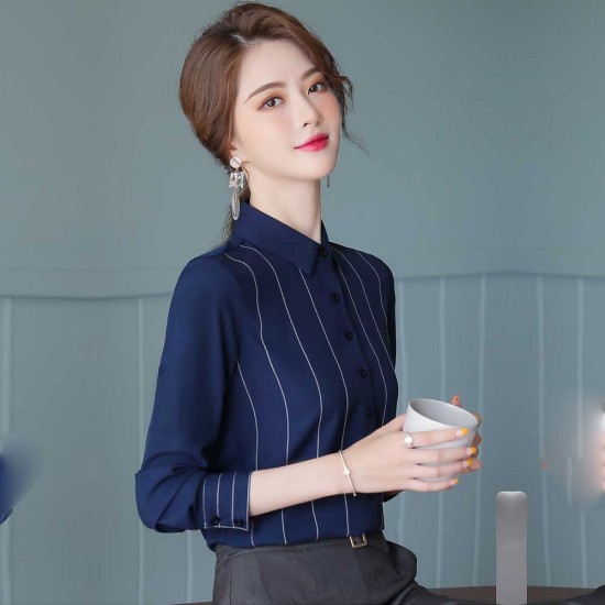 Elegant Vertical Linen Women Chiffon Shirt - Blue Elegant Vertical Linen Women Chiffon Shirt - Blue |image