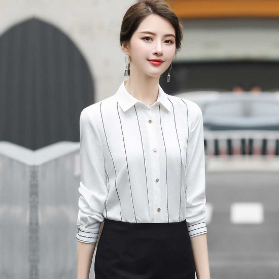 Elegant Vertical Linen Women Chiffon Shirt - White Elegant Vertical Linen Women Chiffon Shirt - White |image