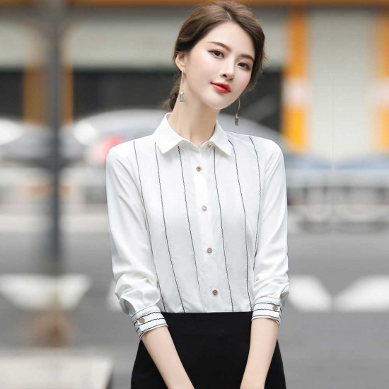 Elegant Vertical Linen Women Chiffon Shirt - White Elegant Vertical Linen Women Chiffon Shirt - White |image