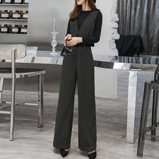 Wide Leg Belted Women Bib Pants Jumpsuit - Black WC-509BK