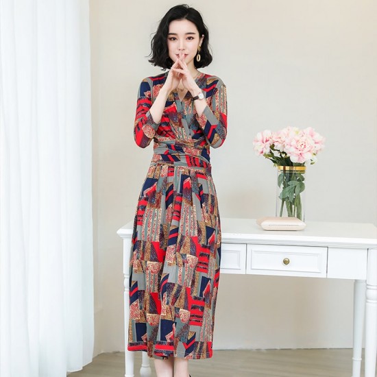 Cover Belly Printed Flared Midi Dress - Red