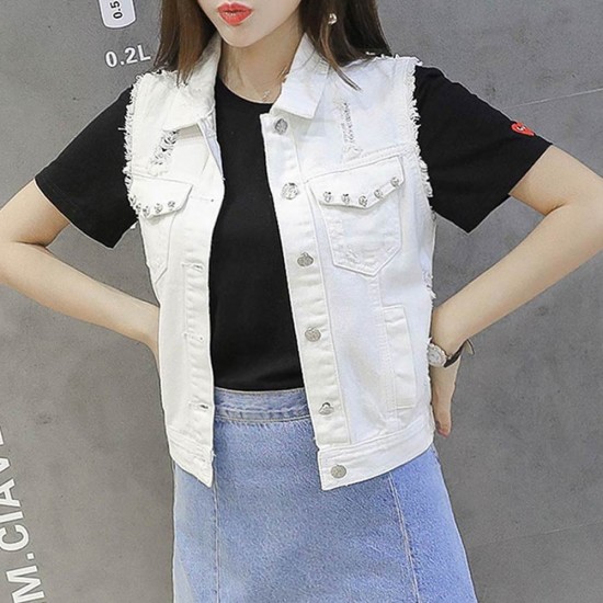 Sleeveless Denim Casual Women Jacket-White