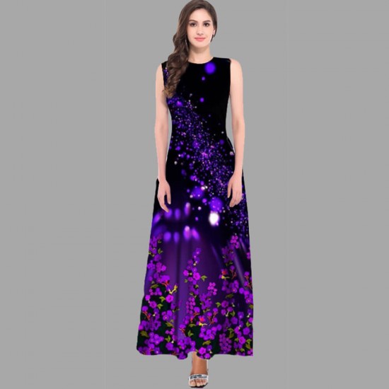 Casual Retro Printed Sleeveless Maxi Dress- Purple
