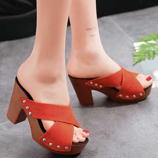 Roman Style Cross Border Thick Heel Casual Slipper - Orange Roman Style Cross Border Thick Heel Casual Slipper - Orange