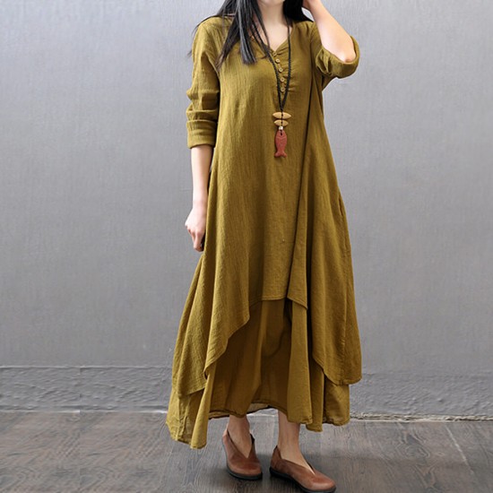 Elegant Loose Layered Linen Long Dress - Green