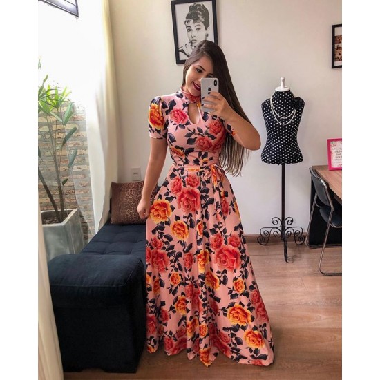 Trending Long Pink Floral Printed Maxi Dress - Pink