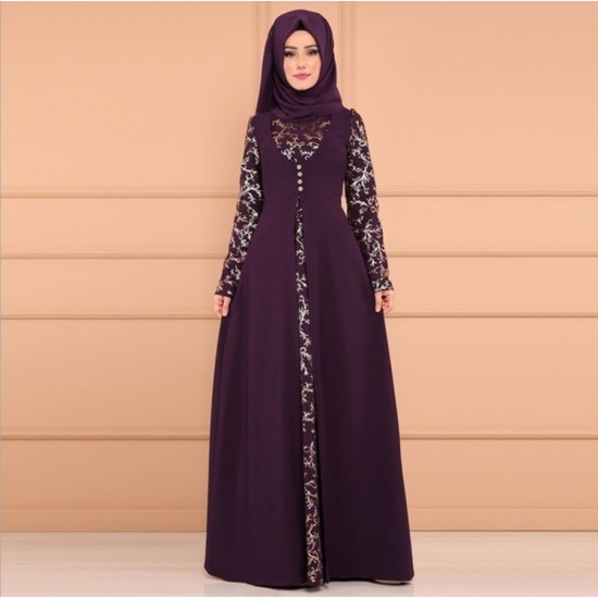 Elegant Arabic Style Long Sleeved Maxi Dress- Purple