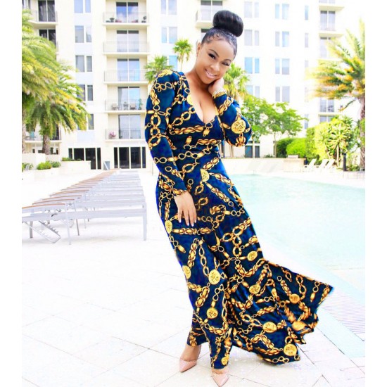Metal Chain Design Printed Long Sleeved Maxi Dress - Blue