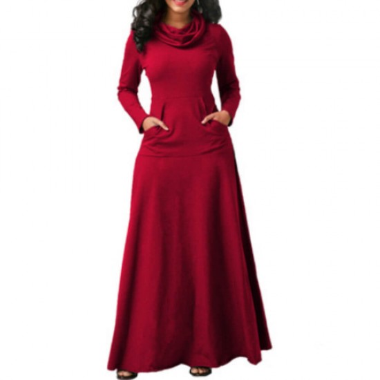 Casual Pile Collar Style Full Sleeved Long Swing Dress - Red