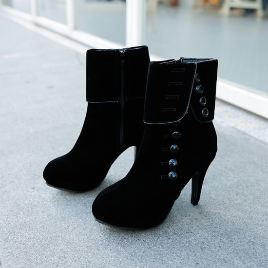 Long Hot Style Suede Button High Heeled Boots - Black