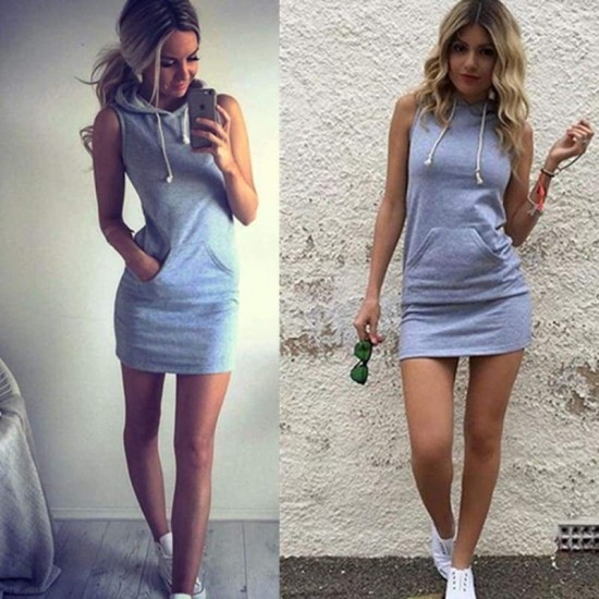 Trendy Stylish Hoodie Style Sleeveless Mini Dress- Grey