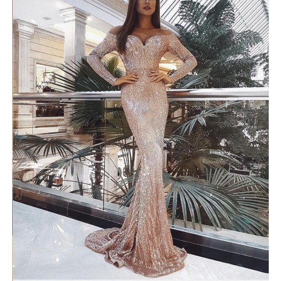Gorgeous Halter Sleeve Mermaid Style Long Cocktail Dress - Beige