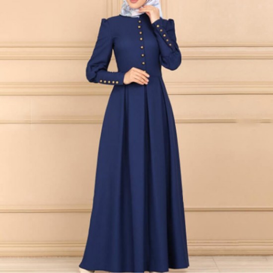 Stylish Long Sleeved Front Button Arabic Kaftan Dress - Blue Stylish Long Sleeved Front Button Arabic Kaftan Dress - Blue