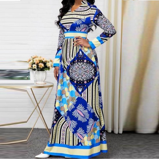 European Style Multi Pattern Split Neck Maxi Dress - Blue 