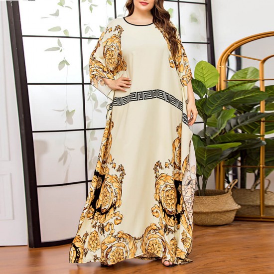 Bat Sleeves Floral Printed Large Swing Long Dress - Cream