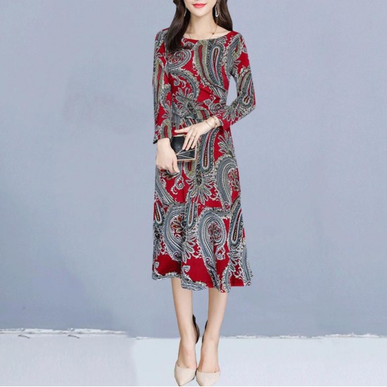 Casual O-Neck Long Sleeve Printed Midi Dress - Red