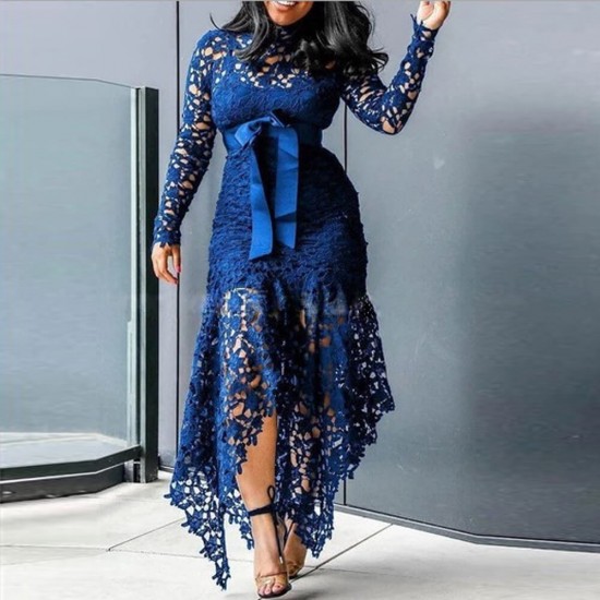 Hollow Out Lace Irregular Romper Maxi Dress- Blue Hollow Out Lace Irregular Romper Maxi Dress- Blue |image