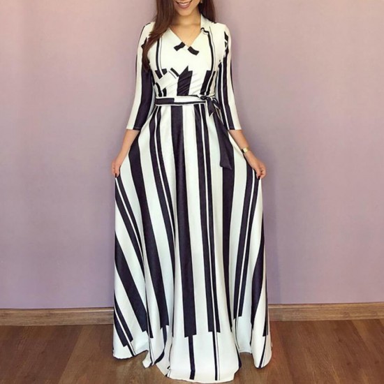 Bow Knot V-Neck Striped Full Sleeves Maxi Dress - White