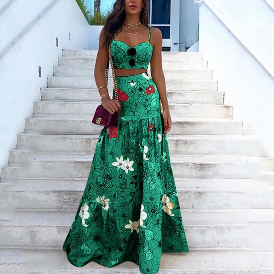 Floral Printed Crop Top And Maxi Skirt Dress Set - Green