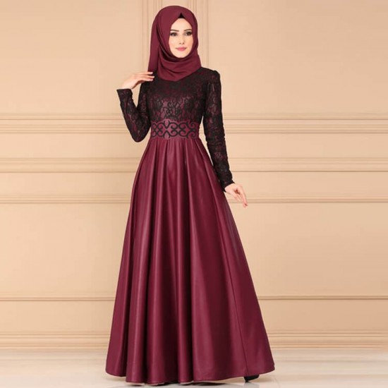 Arabian Style Vintage High Waist Long Dress - Maroon