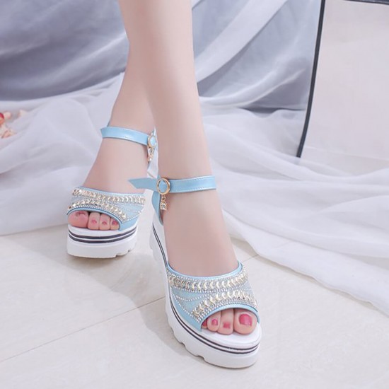 Ankle Strap Wedge Platform Open Toe Sandals -Light Blue