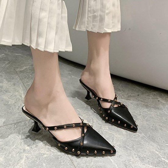 Rivets Decorated Pointed Toe Mid Heel Slippers-Black