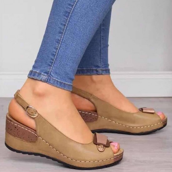 Peep Toe Buckle Casual Wedge Sandals -Brown Peep Toe Buckle Casual Wedge Sandals -Brown