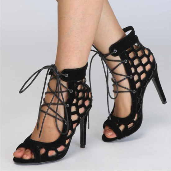Stiletto Hollow High Heel Open Toe Lace Up Sandal -Black Stiletto Hollow High Heel Open Toe Lace Up Sandal -Black