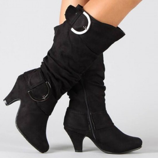 Chunky High Heels Buckle Mid Calf Boots - Black