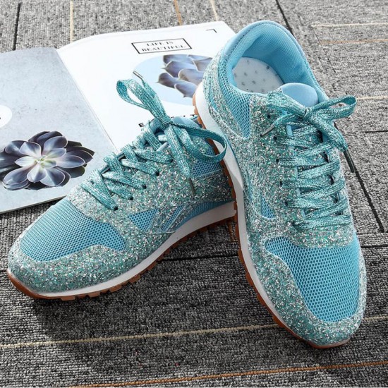 Womens Bling Glitter Laces Up Sneaker Shoes -Light Blue
