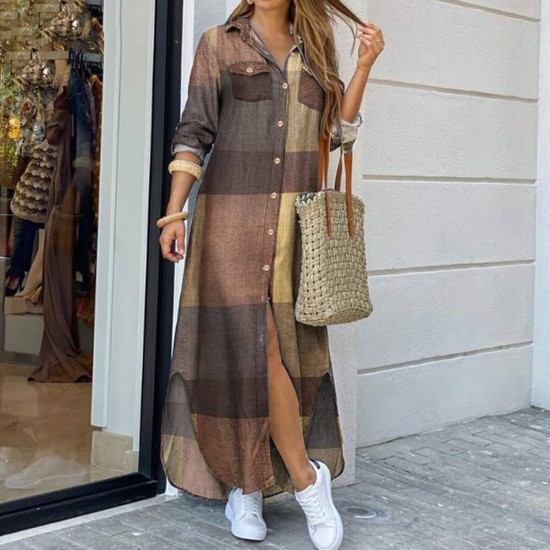 Trending Lapel Split Sexy Button Up Long dress - Brown