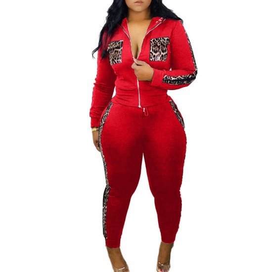 Leopard Patchwork Stitching Casual Two Piece Tracksuit -Red