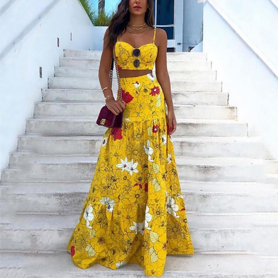Floral Printed Crop Top And Maxi Skirt Dress Set - Yellow
