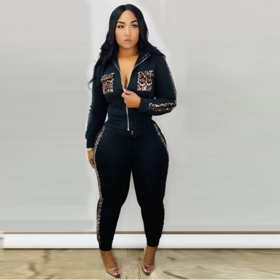 Leopard Patchwork Stitching Casual Two Piece Tracksuit -Black