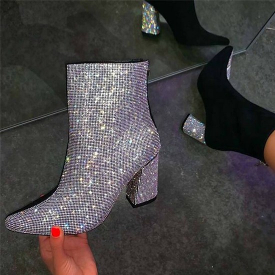 Luxury Silver Rhinestone Heeled Ankle Boots -Silver