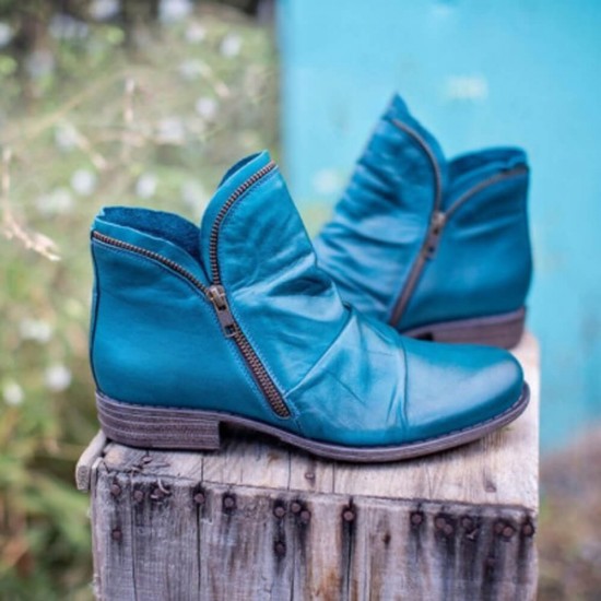 Round Double Zipper Comfortable Ankle Boots -Blue